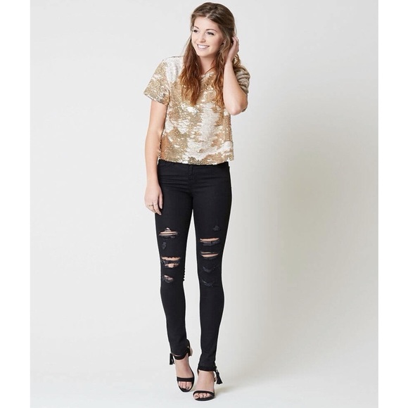 Ark & Co | Gold & White Reversible Flip Sequin Short Sleeve Crewneck Crop Top - Picture 1 of 16